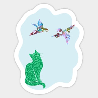 Camouflage Green Cat Watching Birds Silhouette Art Sticker